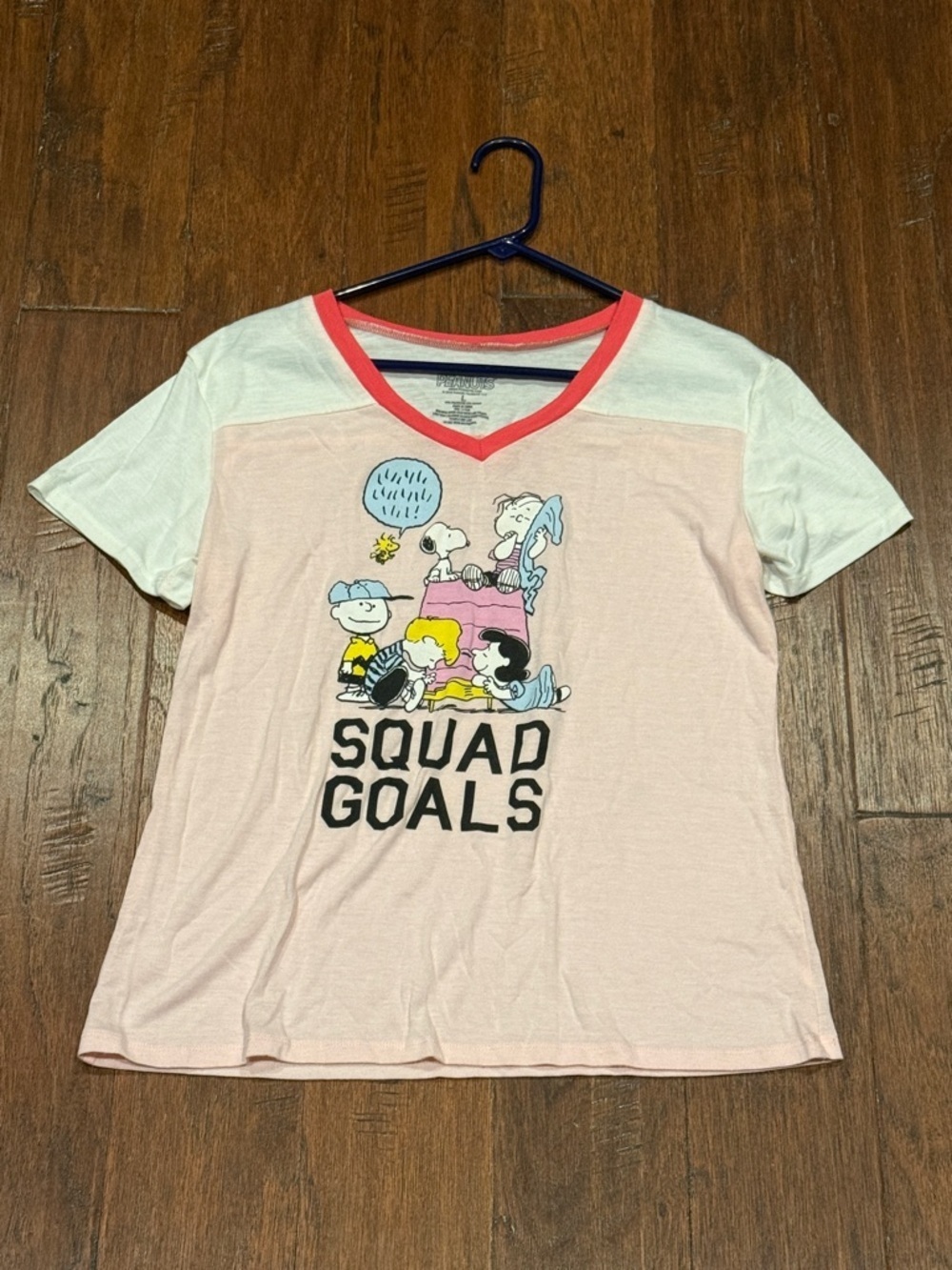Large Peanuts Squad Goals Pink & White V‑Neck Tee